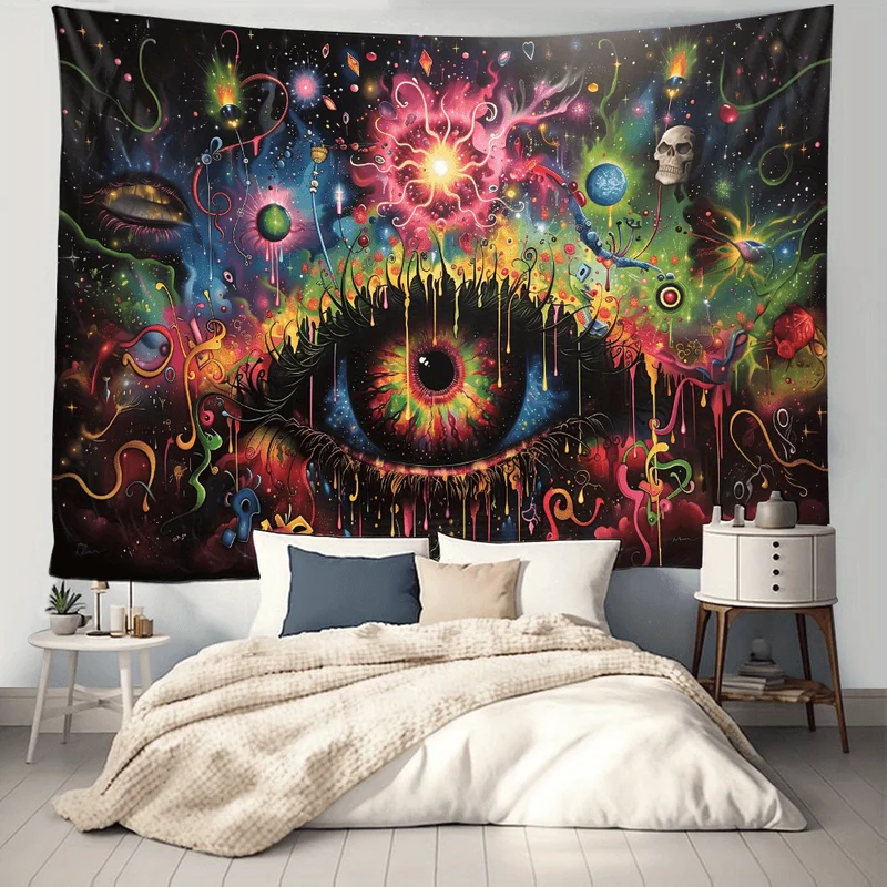 VIKAMA Cosmic Third Eye Psychedelic Wall Hanging Trippy Galaxy Skull Tapestry Spiritual Bedroom Dorm Decor Cloth