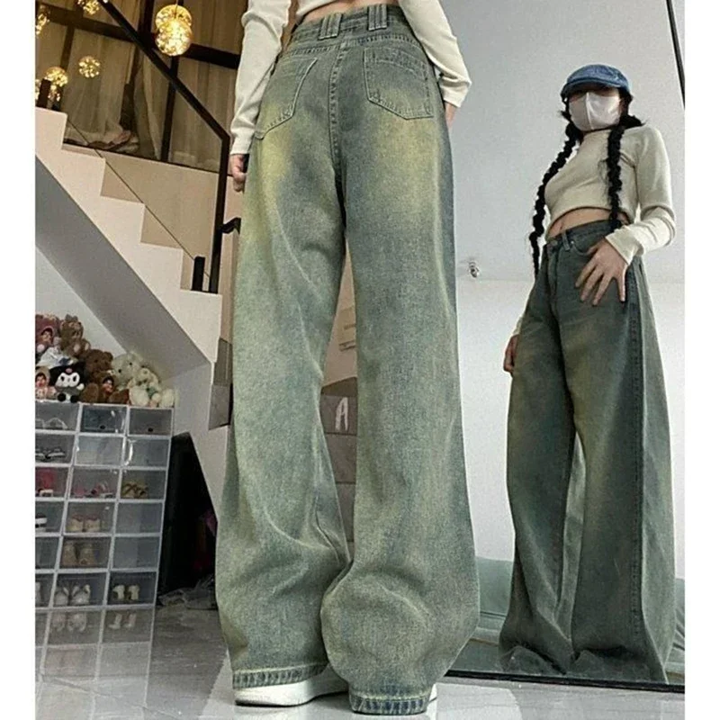 2024 Woman High Waist Elegant Baggy Aesthetic Jeans Lady Vintage Y2k 2000s Wide Leg Pants Girls Harajuku 90s Blue Denim Trousers