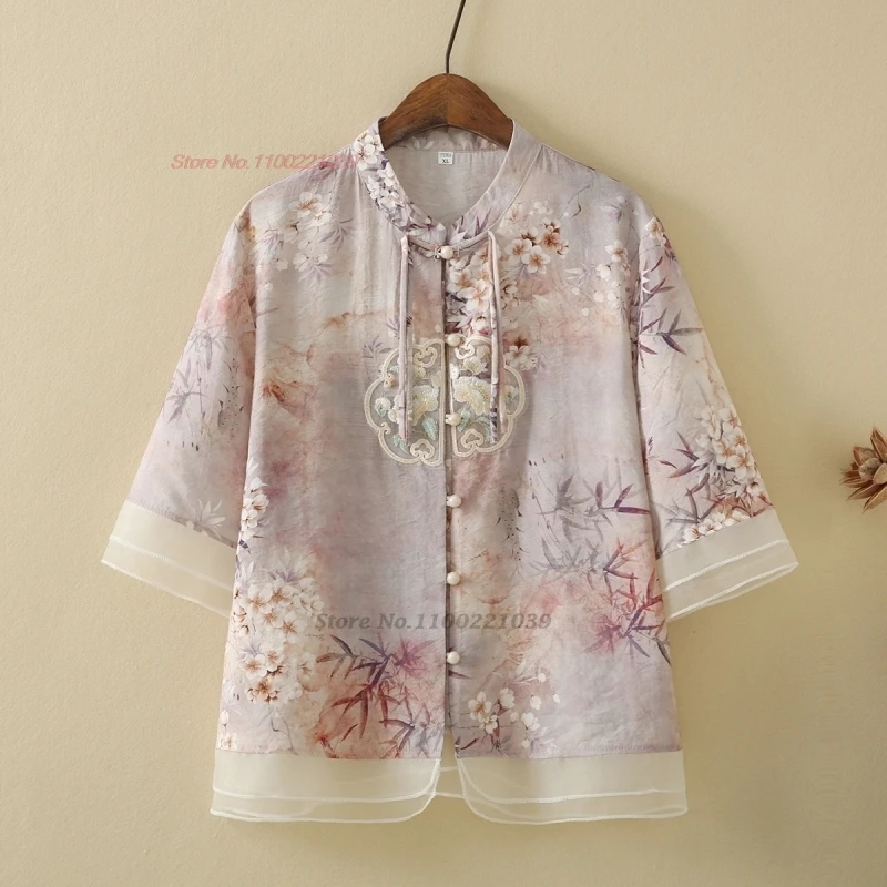 2024 traditional chinese vintage blouse national flower print embroidery lace chiffon jacket oriental folk sun-protective coat