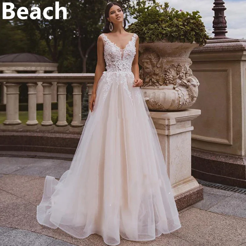 

BEACH Eightale Boho Wedding Dresses 2024 V-Neck Appliques A-Line Tulle Lace Beach Wedding Gowns Custom Made Beach Bride Dresses