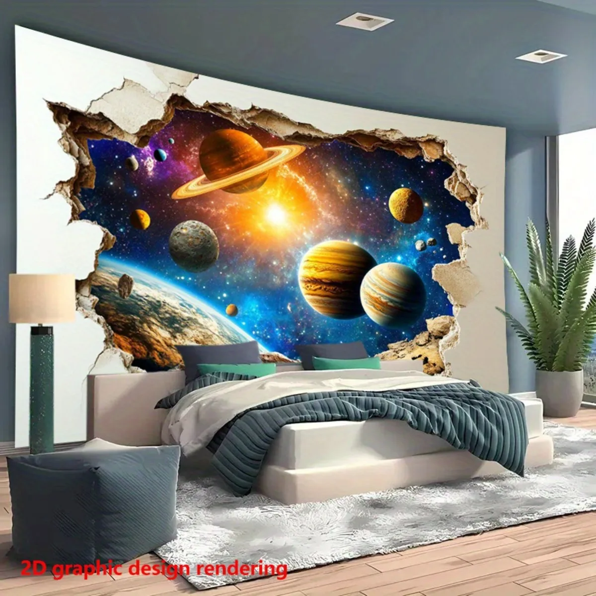 2D Flat, Graphic Design Rendering Space Galaxy Planets Wall Tapestry Cosmic Universe Decor