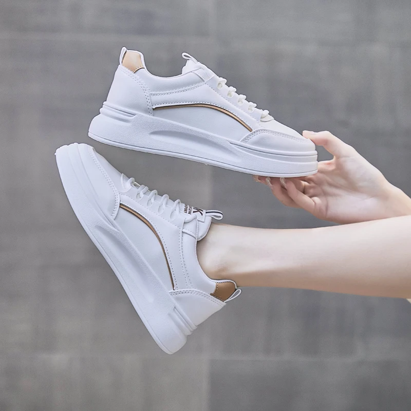 Women White Sneakers Female Increase4cm Thick Bottom Non-slip Leather Women Chunky Sneakers Original Tennis with Platform Female