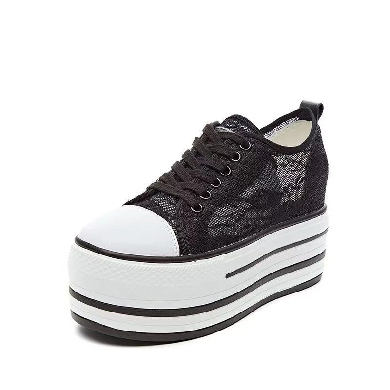 

Женские кроссовки на платформе 9 см, модные, дышащие, на шнуровке, белые/черные, летние, 2025 год