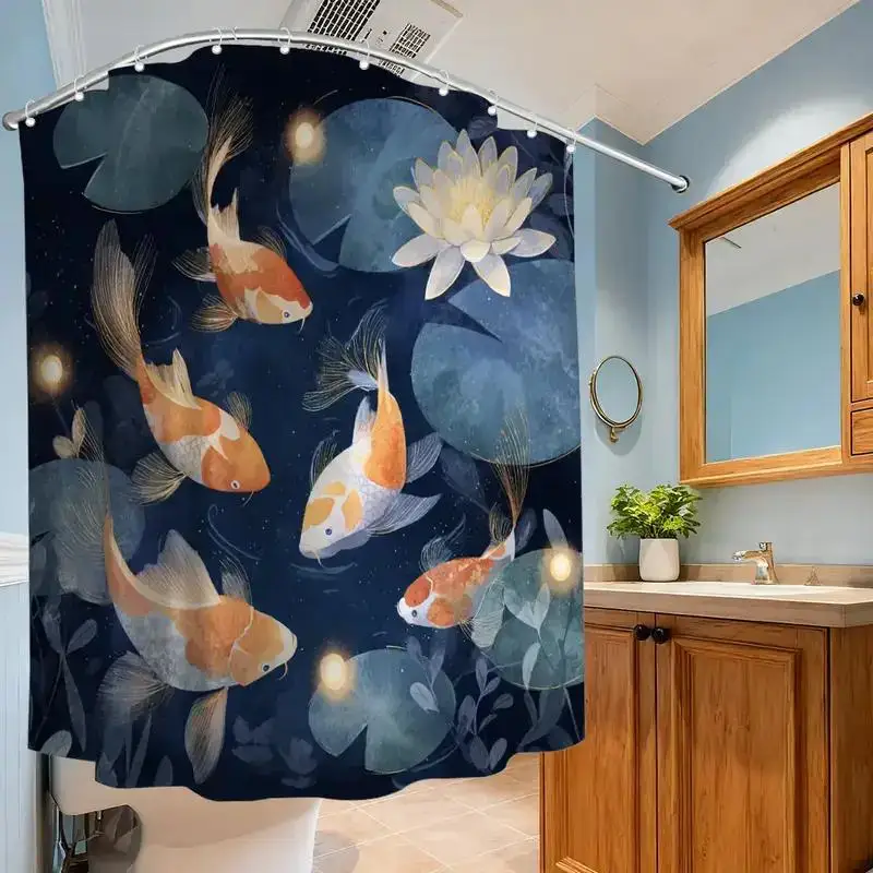Oriental Koi Pond Shower Curtain – Watercolor Lotus & Goldfish, Serene Night Scene, 12 Hooks, 70.87×70.87