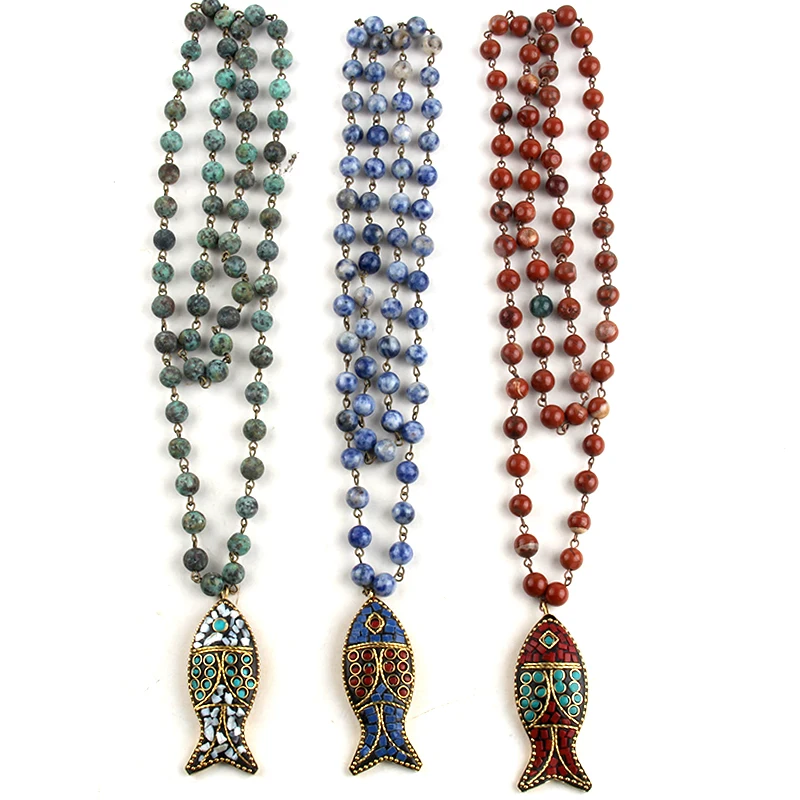 Fashion Link African Stone Ethnic Necklace Bohemian Tribal Jewelry Fish Pendant Halsband For Women Natural Stone Bead Neck