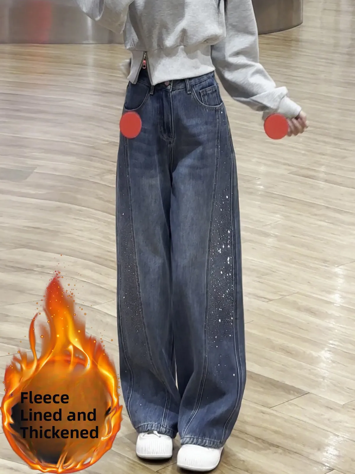 

Retro Blue Rhinestone Slim Wide Knife Jeans Women's Fce Spring New Loose Design Sense Hips Cover Wide Leg Pants