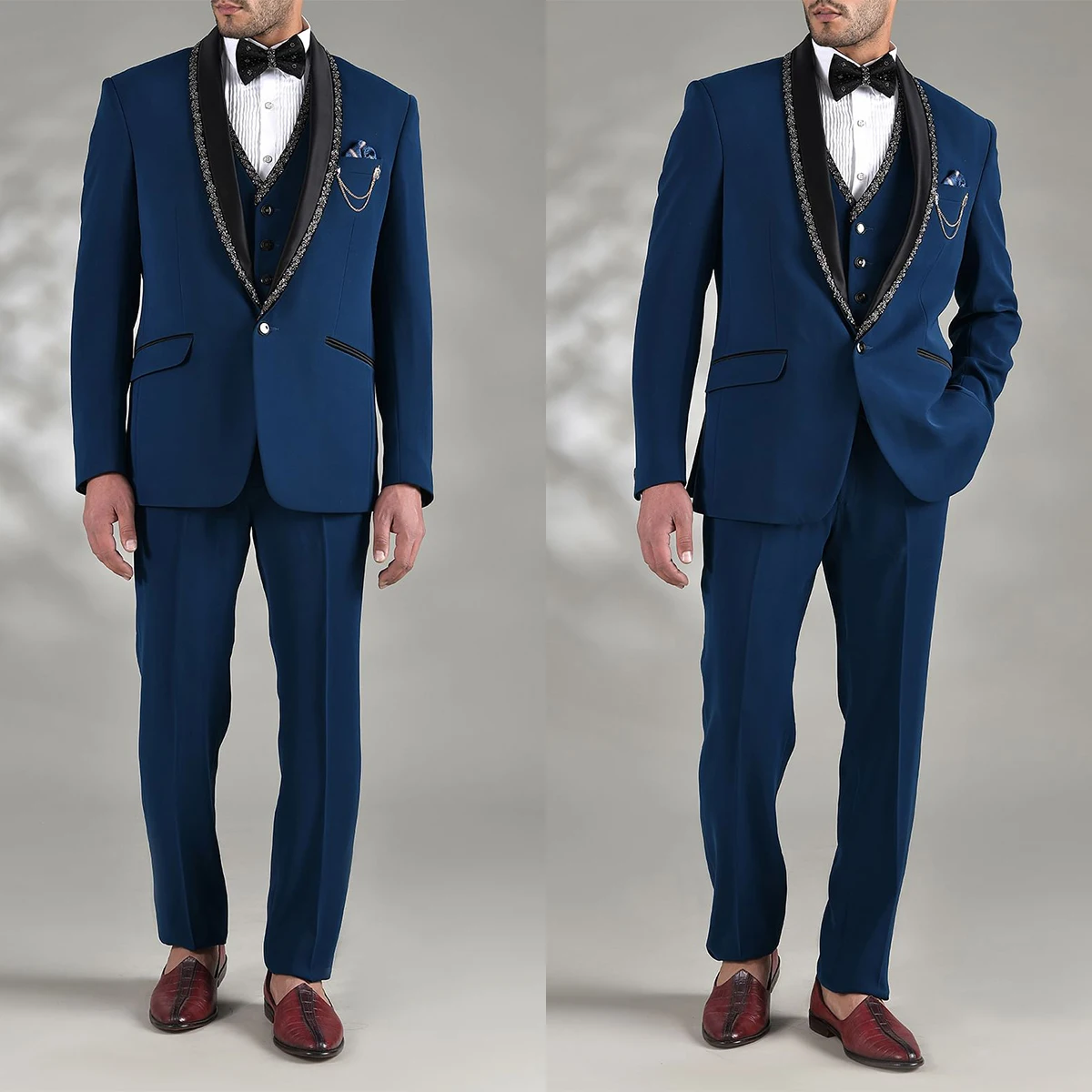 

Men's Suit 3 Pieces Navy Blazer Vest Pants One Button Sequins Sheer Satin Lapel Business Wedding Groom Tailored Costume Homme