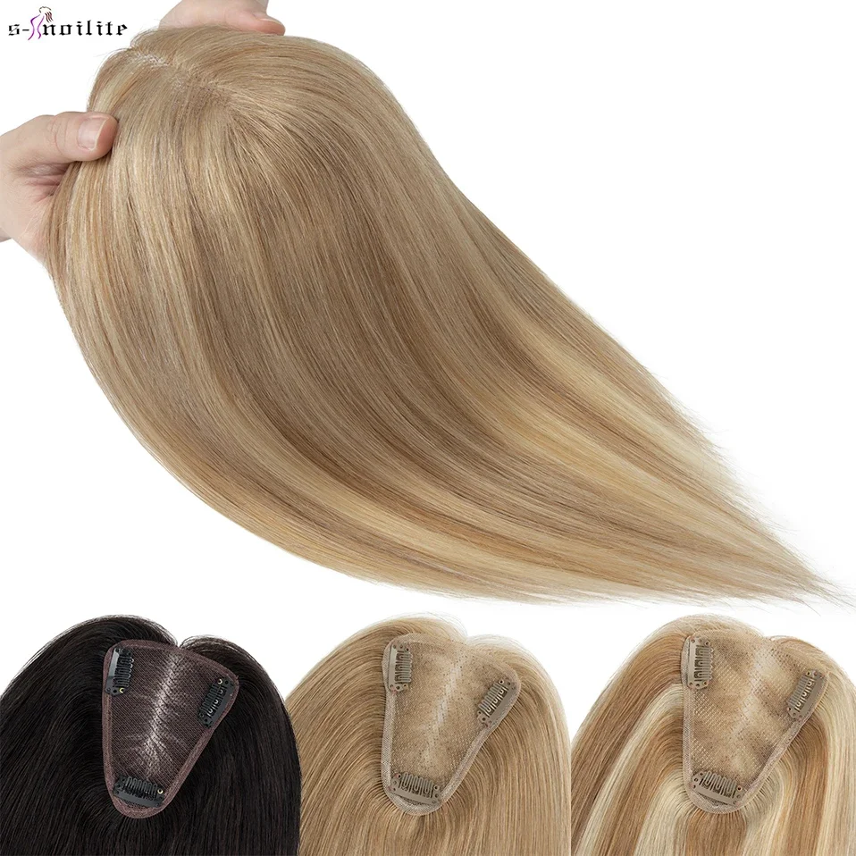 

S-noilite 8x10cm Women's Hand-Tied Single Knot Human Hair Topper Center Part Lace Front Natural Blonde Hair Wigs Extensions