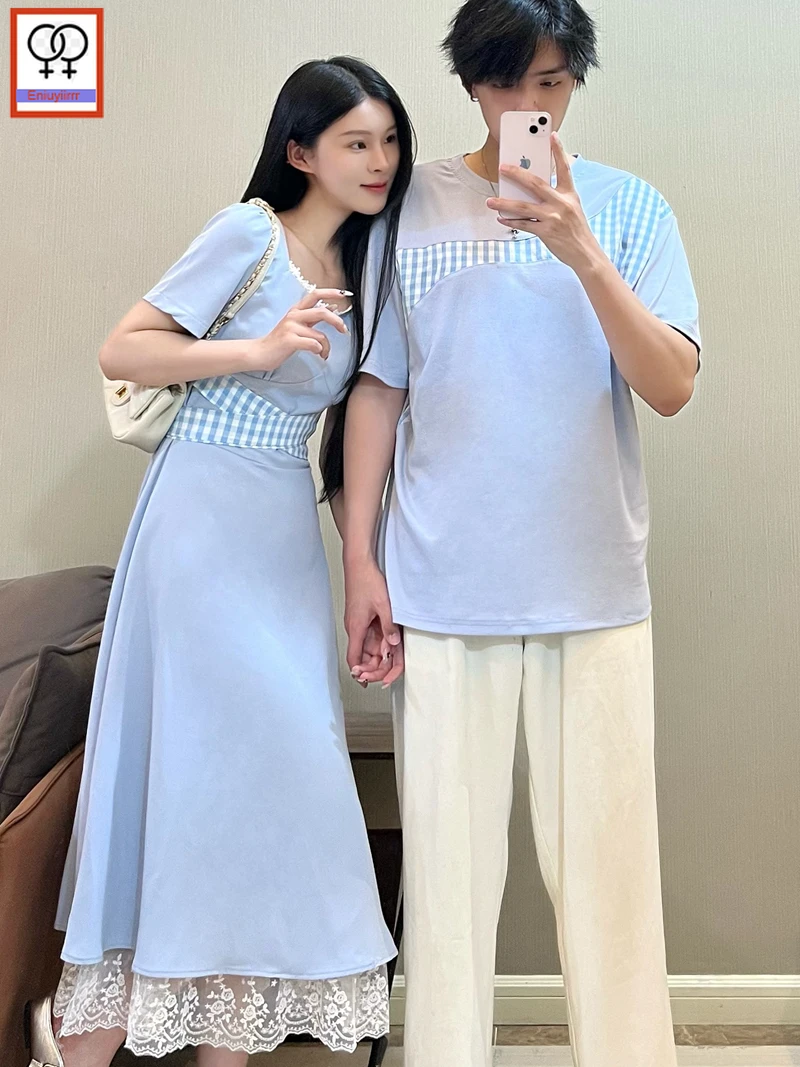 Matching Couple Clothes Outfits Male Female Lovers Holiday Valentine's Date Honeymoon Retro Vintage Cotton Plaid T-Shirt Dress