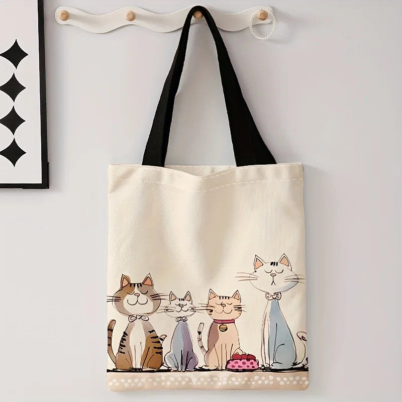 Large Capacity Foldable Tote Bag with Adorable Cat Print Lightweight Polyester for Travel, Commuting & Shopping Handbag Tote Bag