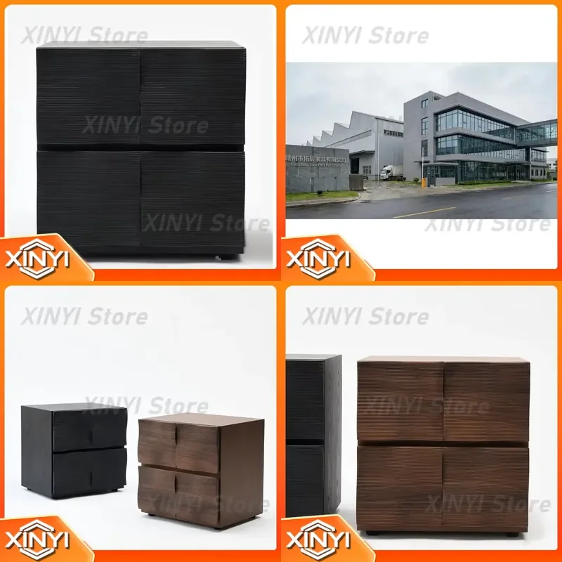 for Contemporary Black Walnut Wood Bedside Cabinet with Water Ripple Texture Solid Wood Bedroom Storage 2 Drawers Modular