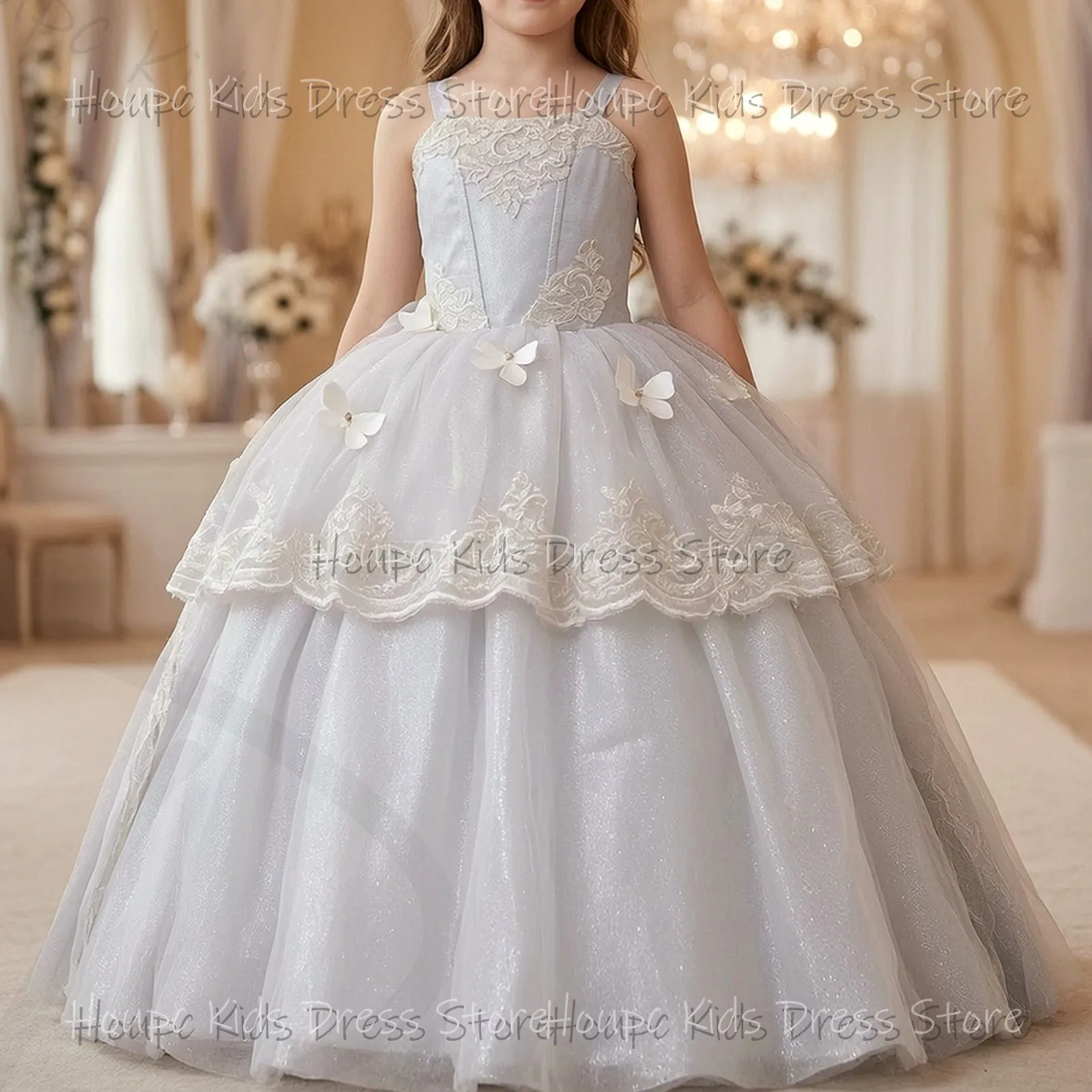Wedding Custom Flower Girl Dresses Princess Style Tulle Lace Sparkle Knee-Length Wedding Birthday Party Evening Party