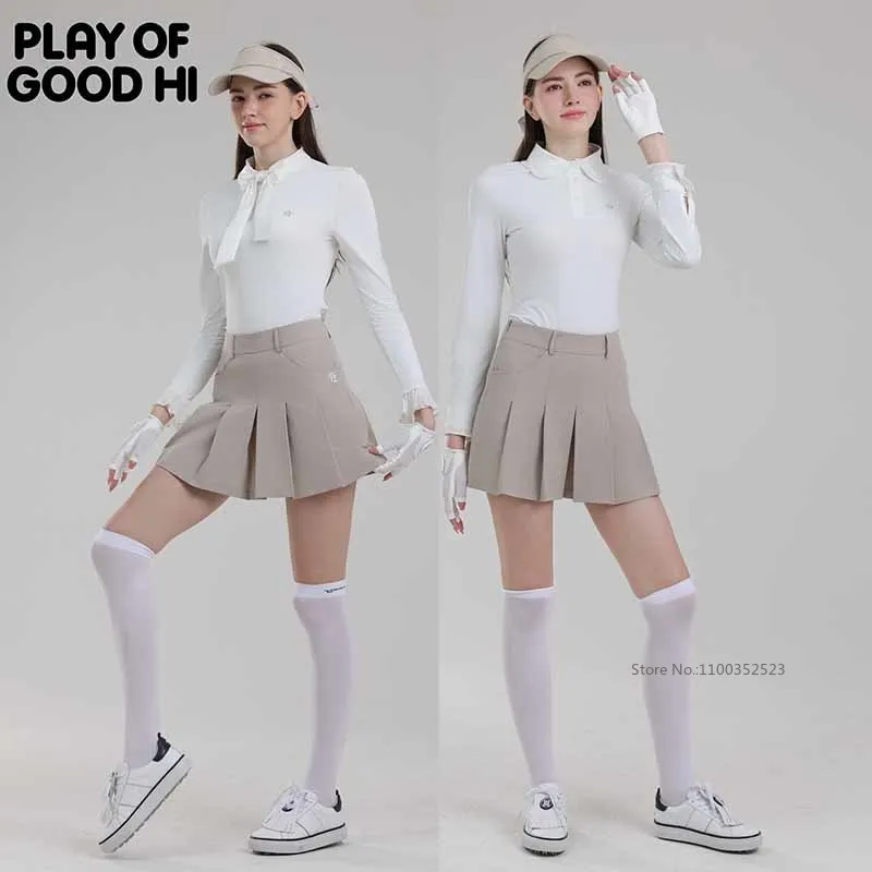 PL Golf Women Long Sleeve Top Bow Ruffle Collar Polo Shirt Slim Sports Jersey Ladies Vintage Golf Tennis Skirts Pleated Skorts