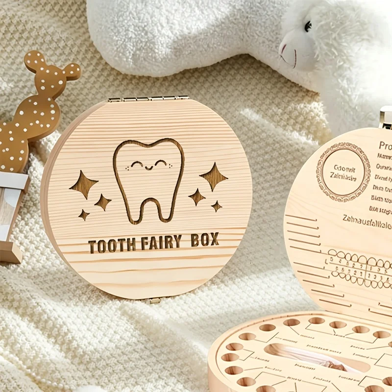 Wooden Tooth Fairy Box Tooth Keepsake Storage Box Teeth Hair Commemorative Preservation Gift Birthday Halloween Christmas Gift