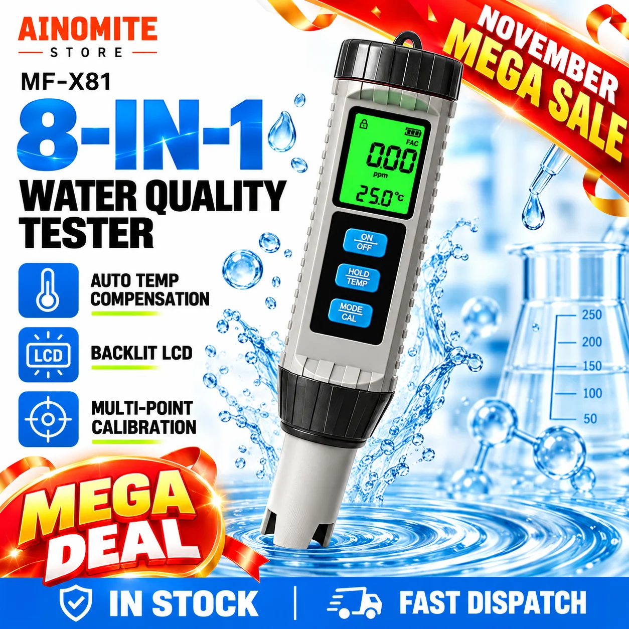 Digital pH Meter for Pool Saltwater, 8-in-1 Multi-Parameter Water Tester with Salinity/TDS/EC/ORP/SG/CL/Temp, Handheld pH Tester