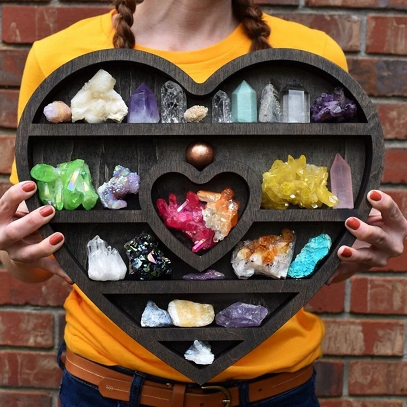 

ABXF-Moon Elf Crystal Wooden Shelf Heart Shaped Crystal Essential Oil Display Wall Shelf Living Room Home Display Rack