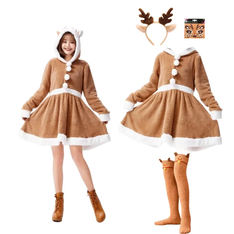 

Christmas Cute Elk Cosplay Costume Khaki Dress with Elk Sticker Headwear Socks Suit for Women Xmas Party Roleplay Outfits