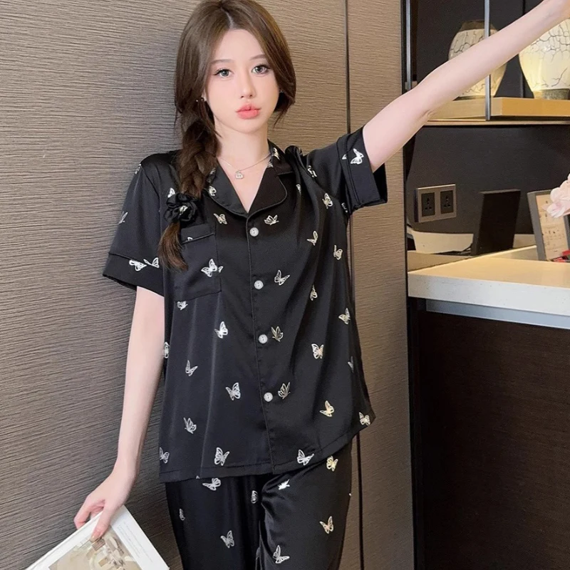 Summer Pajama Women Silk Satin Pajamas Set Short Sleeve Tops Trouser Two Piece Set Sleepwear Loungewear Button Down Pijama