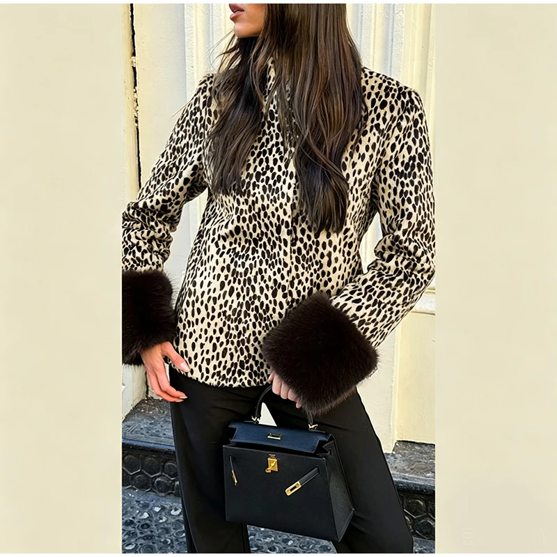 Women's Color Block Spotted Faux Fur Jacket Fur Jacket Wide Lapel Collar Long Sleeve Cropped Hem Drop Shoulder Street Warm Tops 6