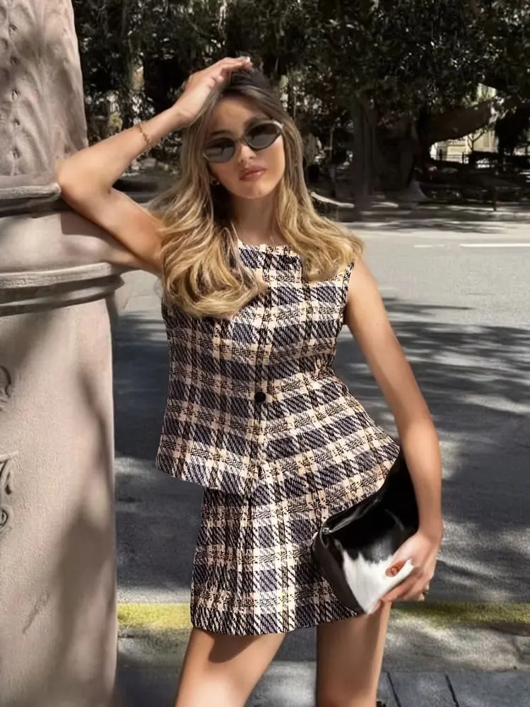 HH Dames Elegante Geruite Textuur Pak Mouwloos Single-breasted Vest Top + Brede Geplooide Hoge Taille A-lijn Culottes Retro Set