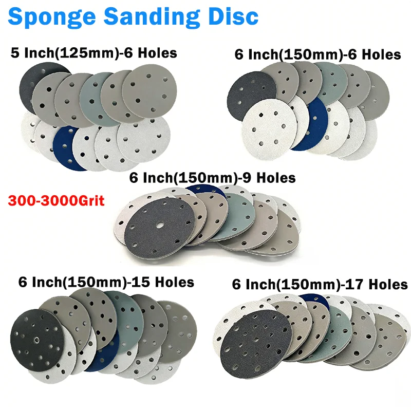 Round Sandpaper Pad 5 Inch 125mm/6 Inch 150mm 6/9/15/17 Holes 300-3000 Grit Hook and Loop Sponge Sanding Disc Disk Sand Sheets