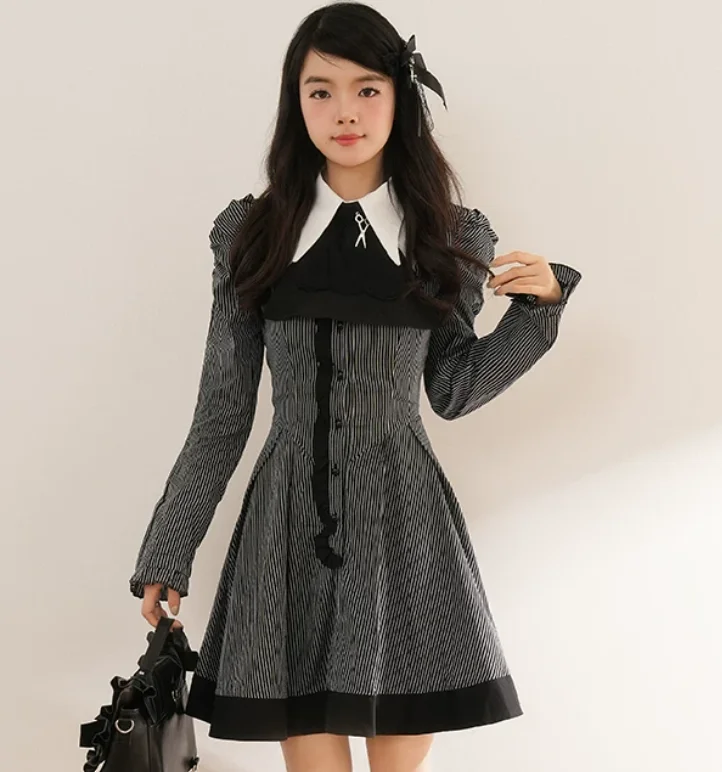 Women Spring Lolita Vintage Gothic Black White Striped Dress Fashion High Waist A-line Age Reduction Long Sleeve Short Dresses