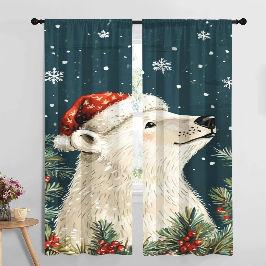 2PCS Watercolor Polar Bear Christmas Curtains, Santa Hat Pine Berry Winter Holiday Window Drapes for Bedroom Living Room