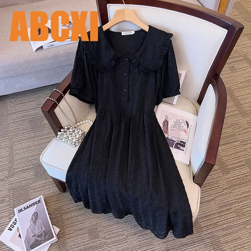 Extra Large Women\'s Loose Fitting Dress Summer Chubby Female Slimming Cute Turn Down Collar Mid Length Dresses 100/150kg 6XL 7XL