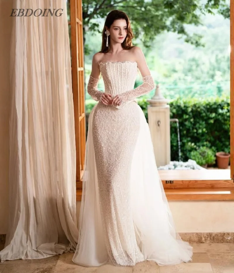 EBDOING Wedding Dress Mermaid Lace Boat Neck Neckline With Detachable Sleeves Customized Bride Gown