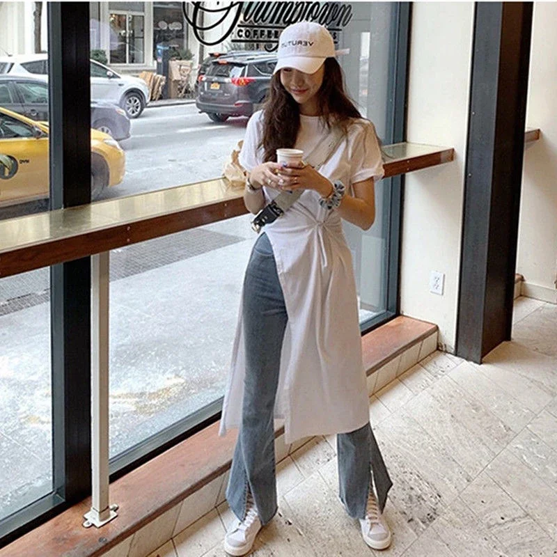 المرأة عارضة رداء البرية س الرقبة Vestidos De Mujer بسيط الصيف فضفاض غير النظامية سبليت قصيرة الأكمام فستان تي شيرت أبيض