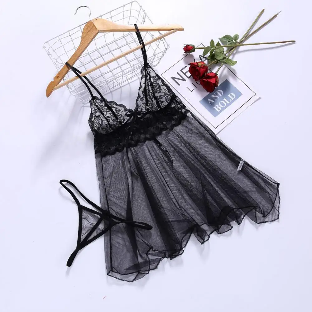 Women Pajamas 2PCS Night Dress And Briefs Transparent V Neck Lace Women Night Dress Lace Bow Straps Lady Nightgown Sleepwear