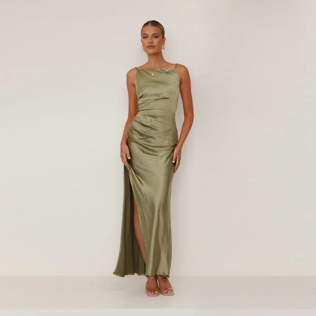 Robe de Demoiselle d'Honneur Vert Olive pour Femme, Tenue Maxi d'Invités de Mariage, d'Anniversaire, Collection Sexy