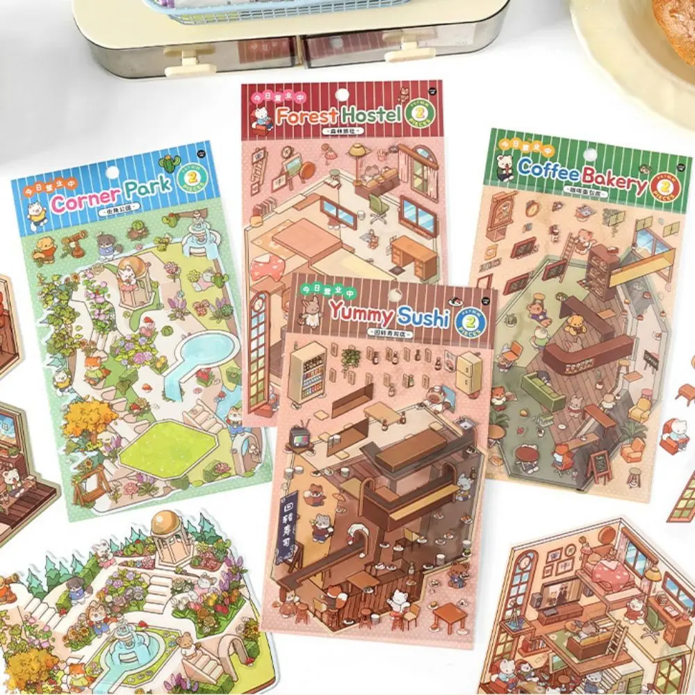 Plus Size 3D Landscape Sticker Paper Forest Village Corner Park DIY Landscape Sticker SUSHI Restaurants Coffee Bakery