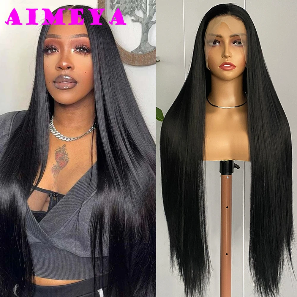 

AIMEYA 32 дюйма длинный шелковистый прямой парик черный парик фронта шнурка для женщин 13X4 синтетические волосы естественная линия волос ежедневное использование косплей