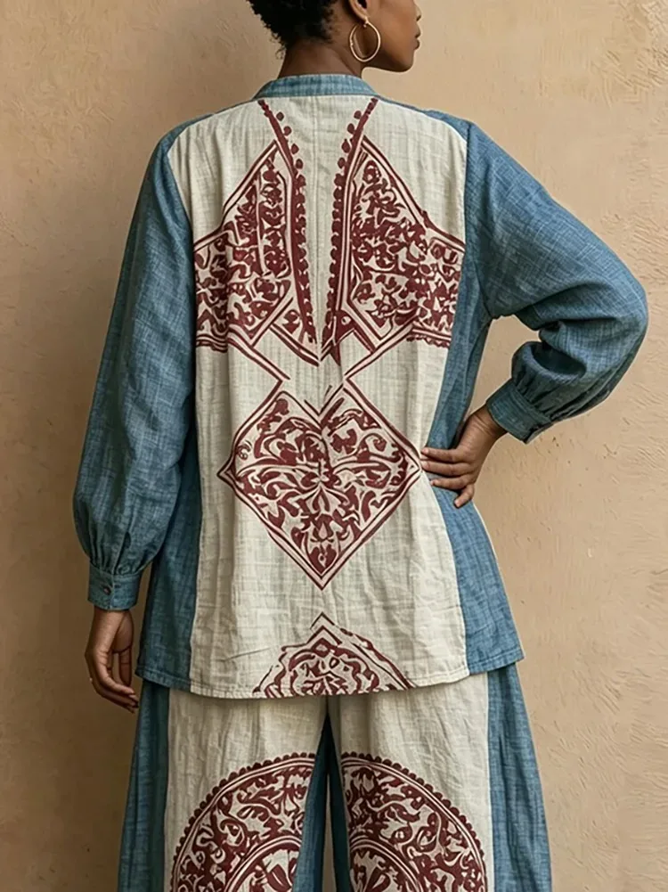 UOOZEE Women's Vintage Ethnic Printed 2 Piece Sets Long Sleeves Stand Collar Blouse & High Waist Wide Leg Pants Matching Set view 5