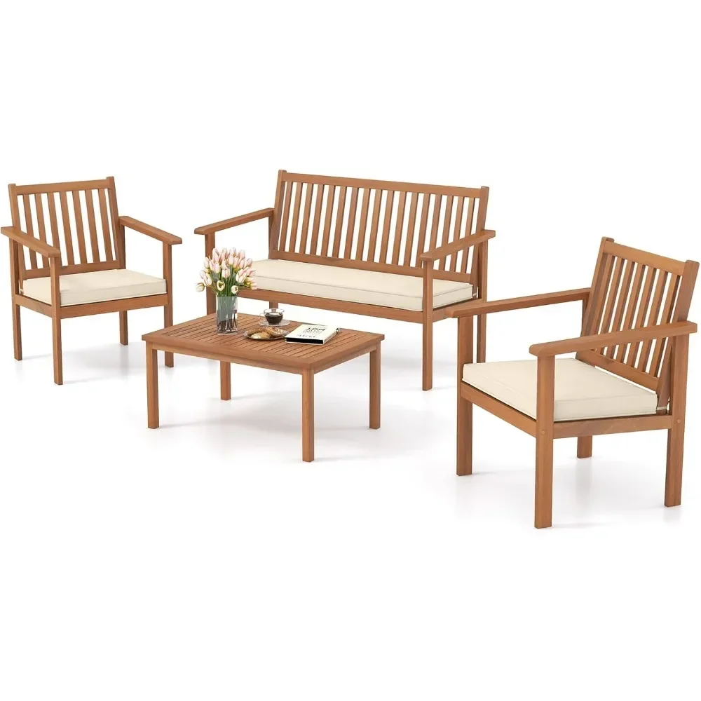 4 Piece Patio Wood Furniture Set, Acacia Wood Sofa Set w/Loveseat, 2 Chairs & Coffee Table, Soft Seat Cushions