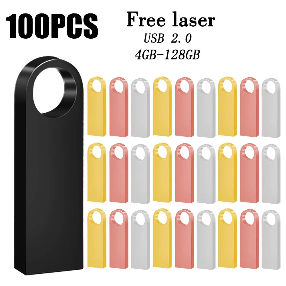 100PCS/lot Metal Pen Drive 64GB 32GB 16GB USB Flash Drive 8GB 4GB U Disk Key Stick 2GB 1GB 128MB 256MB Memory Pendrive Free Logo