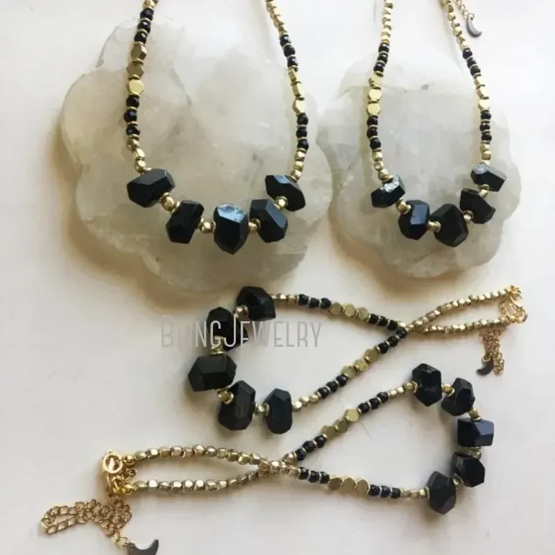 10pcs Tourmaline Point Gold Color African Bead Choker Necklace Carved Shorl Black Crystal Beach Witch Boho Goth Girl Y2k Jewelry