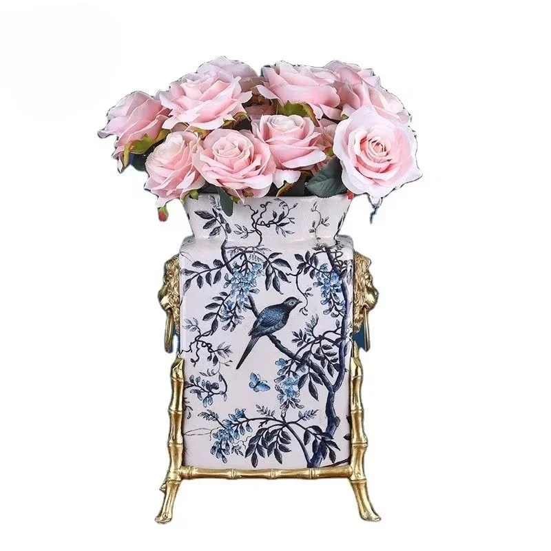 Handmade blue and white porcelain luxury square large diameter decoration, bronze lion head vase for living room