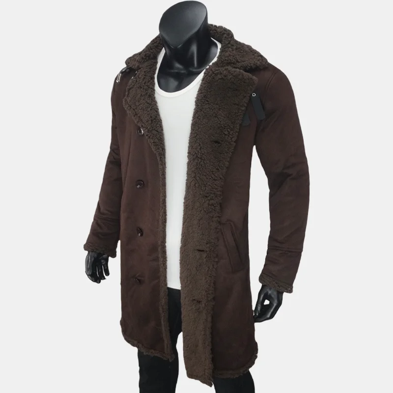 Winter Men\'s Long Trench Fleece Coat Suede Faux Fur Coats Men Double Breasted Clothing Male Warmth Cold Protection Jacket S-5XL