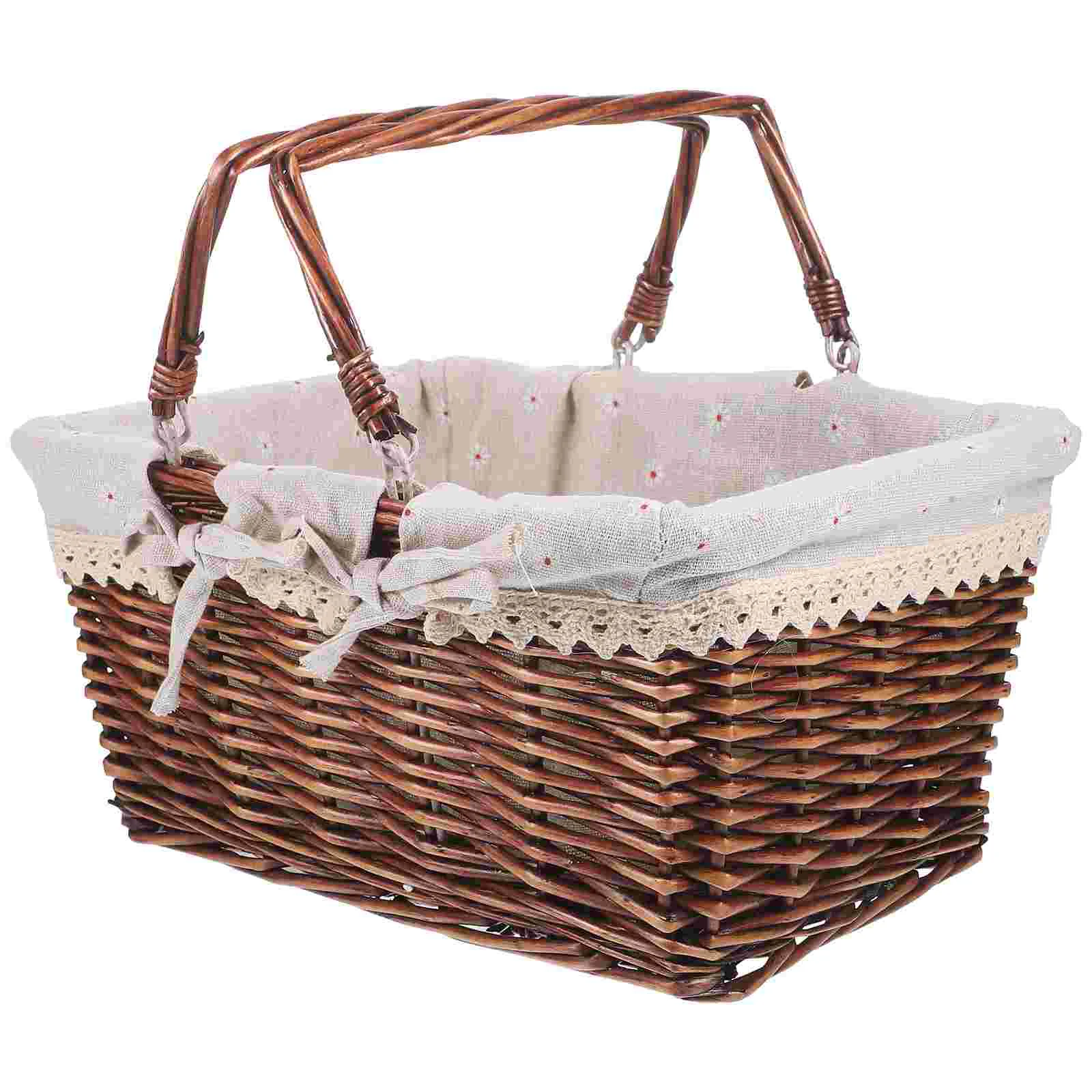 

Rattan Storage Basket Woven Handmade Picnic Fruit Vegetable Shop Food Dessert ganizer Sturdy Handle Portable Home Use