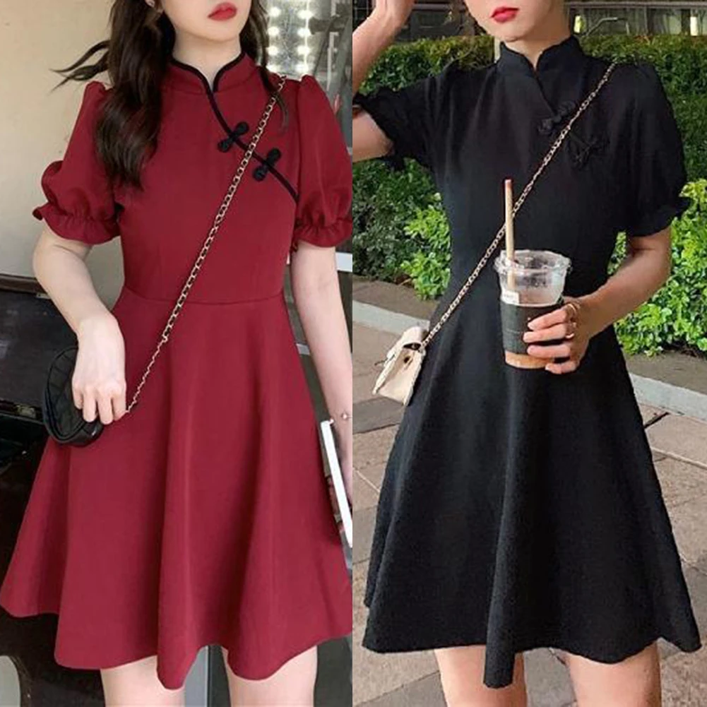 Vestido feminino vestido diário férias primavera feminino estilo chinês elegante mini sem elasticidade poliéster puff manga