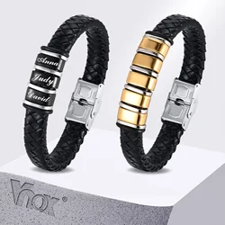 Vnox Free Personalized Family Names Stainless Steel Beads Bracelets Gift for Dad Grandpa, Mens Leather Wristband,Christmas Gift