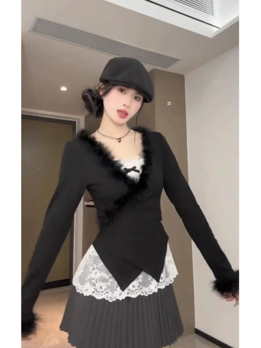 

Sweet Desire Knitted Cardigan Lace Inner High Waist Pleated Skirt Three Piece Set Women's Autumn Winter Fashion Ensemble