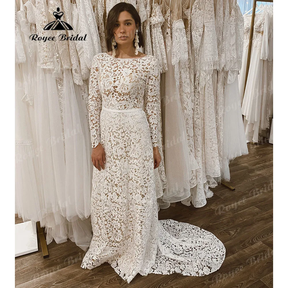 Vestido de novia Vintage de manga larga con encaje y cuello redondo, traje de novia de sirena con espalda abierta 2023