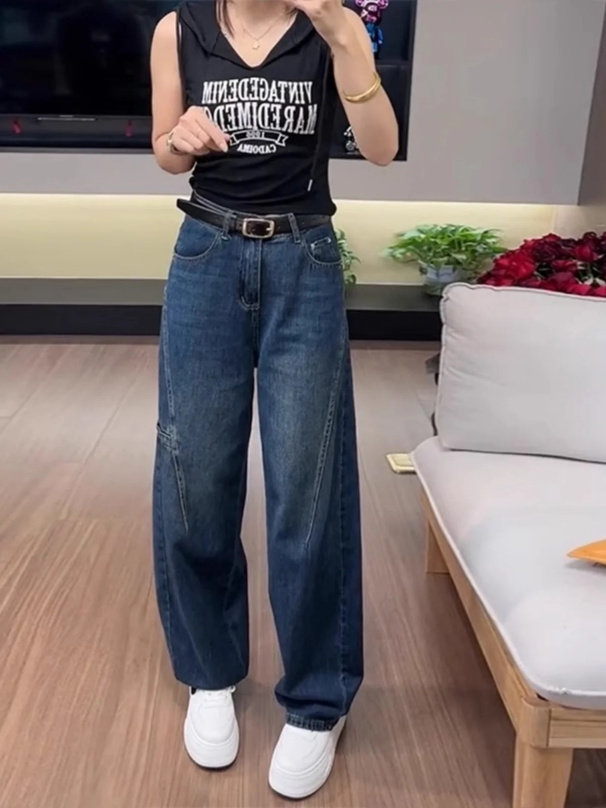 

plus Size Women's Straight Leg Jeans Loose Fit High Waist Nine kets Zipper Closure Spring Autumn Slimming Dad Pants
