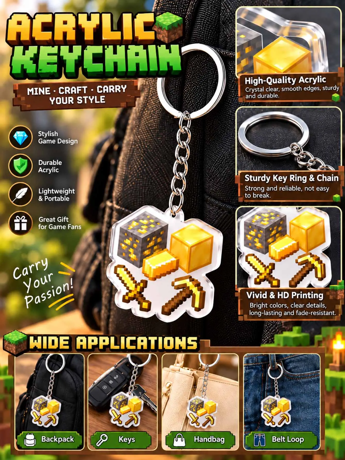 Pixel Game Mining Prop Acrylic Keychain Set, Kids Boys Birthday Party Decor Kit with Sword Pickaxe Gold Block Charms