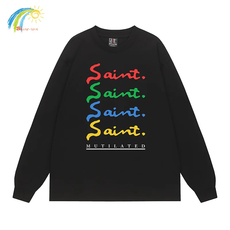 

Повседневная модная футболка с цветными буквами и логотипом Saint с длинными рукавами для мужчин и женщин, хлопковая свободная черная футболка лучшего качества, бирки