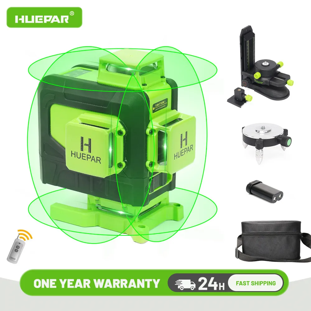 Huepar 4D 16 Lines Cross Line Laser Level Green Beam 4x 360 °Laser Lines With Remote Control  Li-ion battery For Tiles Floor