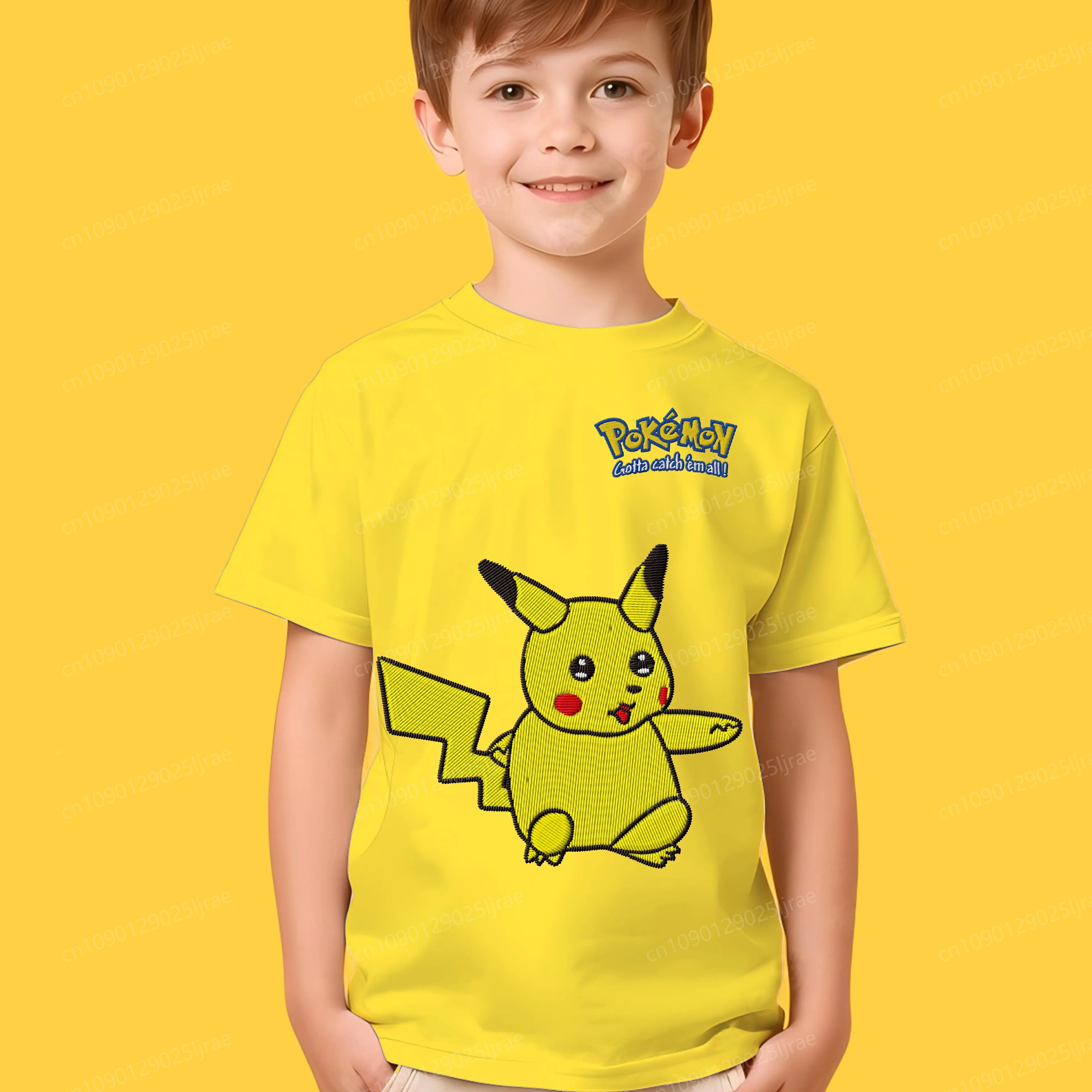 

Embroidery Pikachu T-shirts for Boys Crew Neck Children's Clothing Summer Clothes 2025 Kids Top T-shirt Boy 3D Printing Pokémon